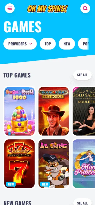 Ohmyspins Casino games view on a mobile device