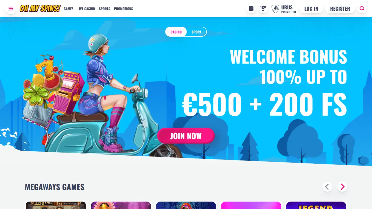 Ohmyspins Casino home view on desktop