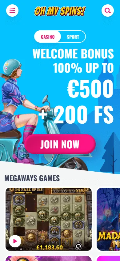 Ohmyspins Casino home view on a mobile device
